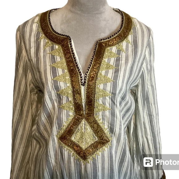 IRVING & FINE blouse womens Size M linen tunic boho hippee embroidered lag… - Picture 2 of 11